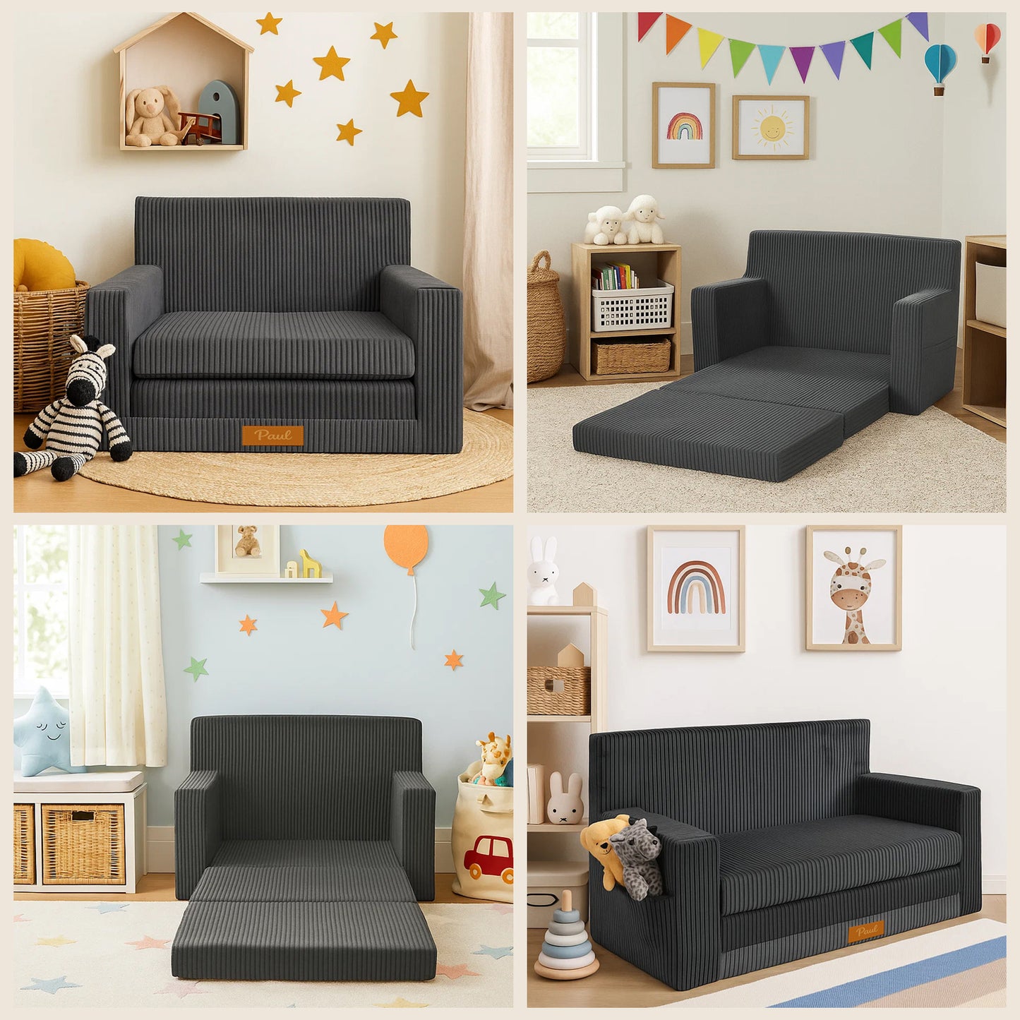 LEANBE Personalisierbares Kindersofa 3-in-1  Spiel- und Schlafsofa mit individuellem Namen - Grau Cord