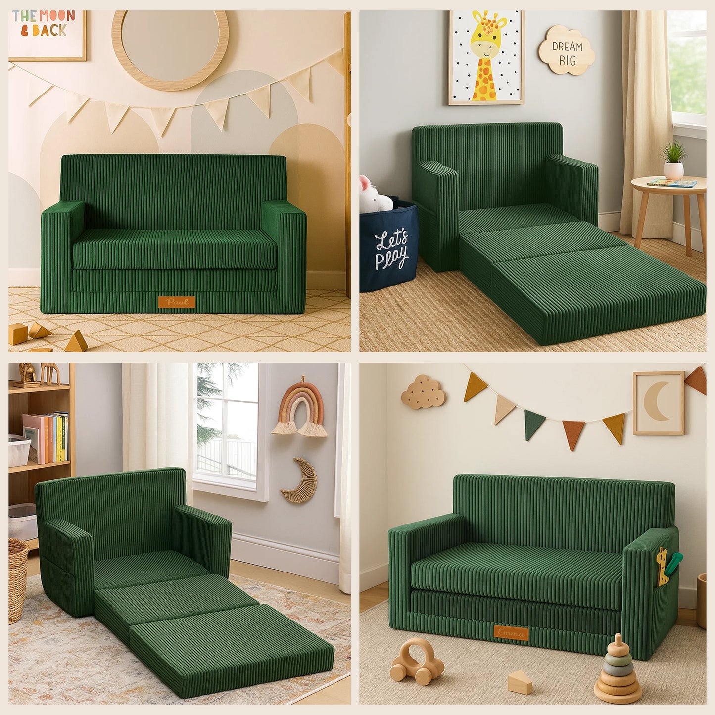 LEANBE Personalisierbares Kindersofa 3-in-1  Spiel- und Schlafsofa mit individuellem Namen - Grün Cord