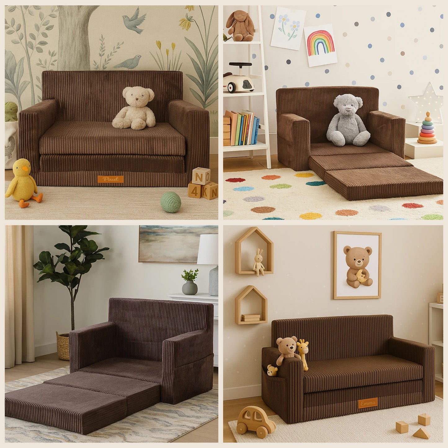LEANBE Personalisierbares Kindersofa 3-in-1  Spiel- und Schlafsofa mit individuellem Namen - Braun Cord