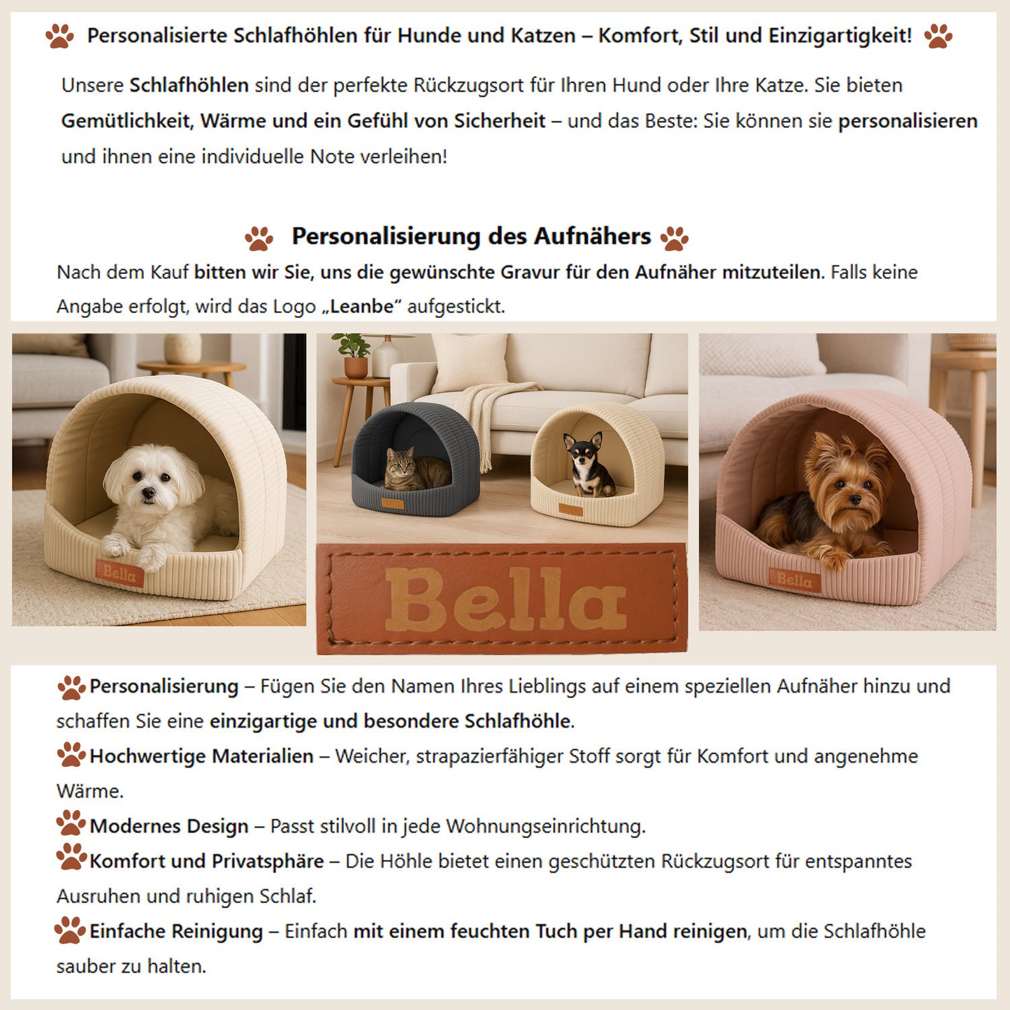 LEANBE Personalisierbare & Stilvolle Cord-Hütte für Hunde und Katzen - Rosa