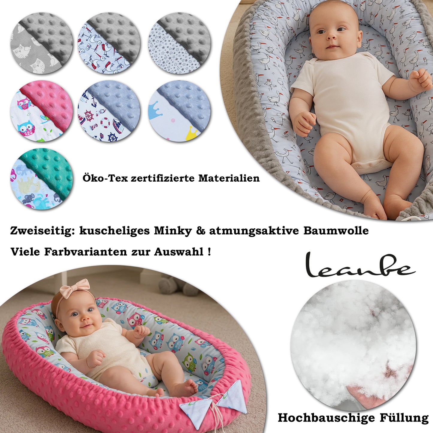 LEANBE Babynest Kokon aus Baumwolle & Minky - Grau Minky / Eulen