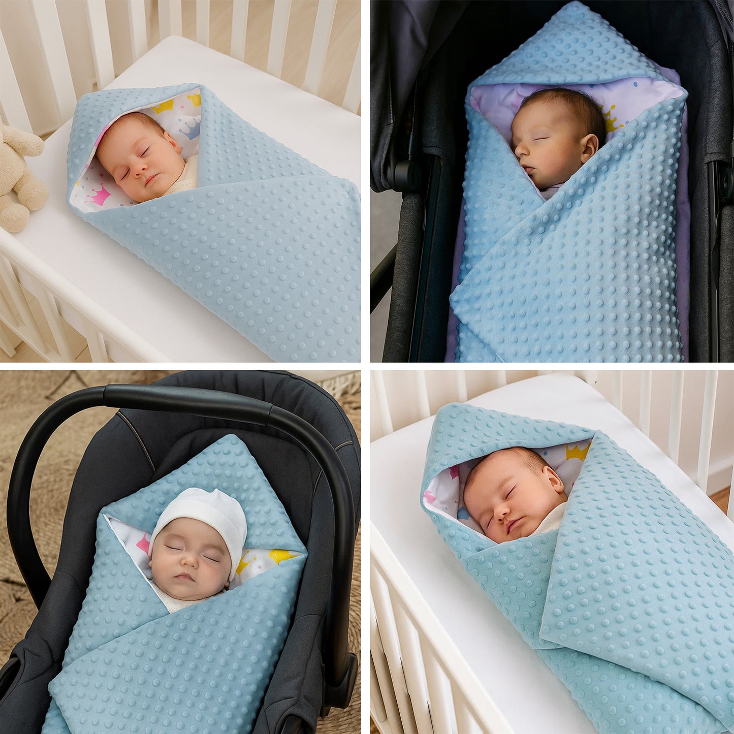 LEANBE Einschlagdecke Babydecke für Babyschale und Kinderwagen 86x86 cm – Baumwolle & Minky Blau / Kronen