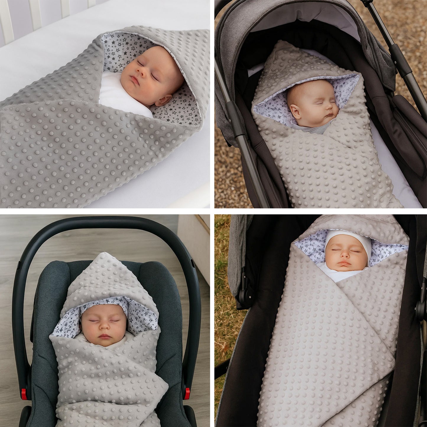 LEANBE Einschlagdecke Babydecke für Babyschale und Kinderwagen 86x86 cm – Baumwolle & Minky Grau / Sterne