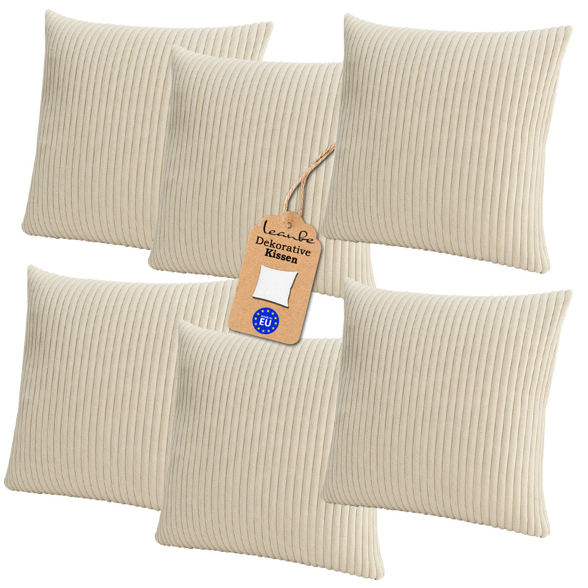 LEANBE Cord Dekokissen – Weiches Kissen mit strukturierter Oberfläche Set 6 Stck. - Beige