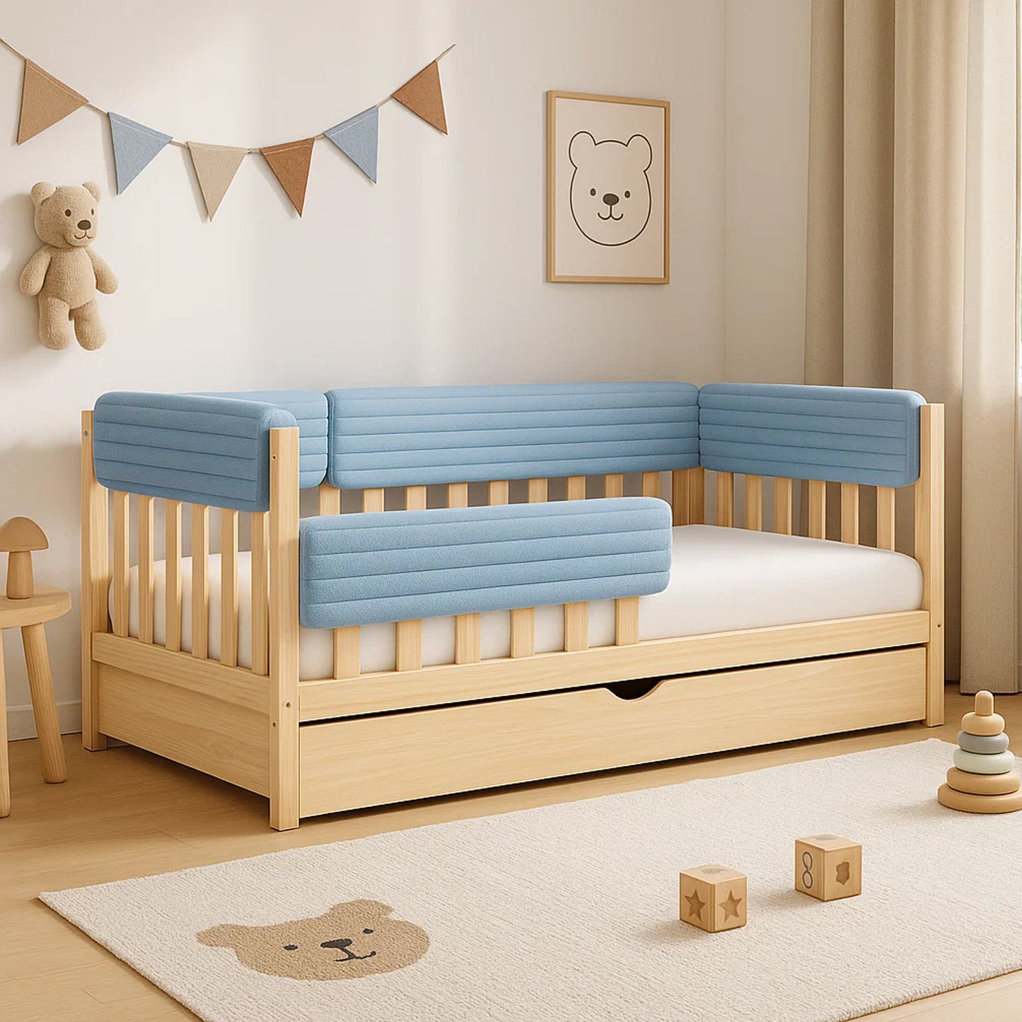 Bettkantenschutz für Babybett – Blau Cord