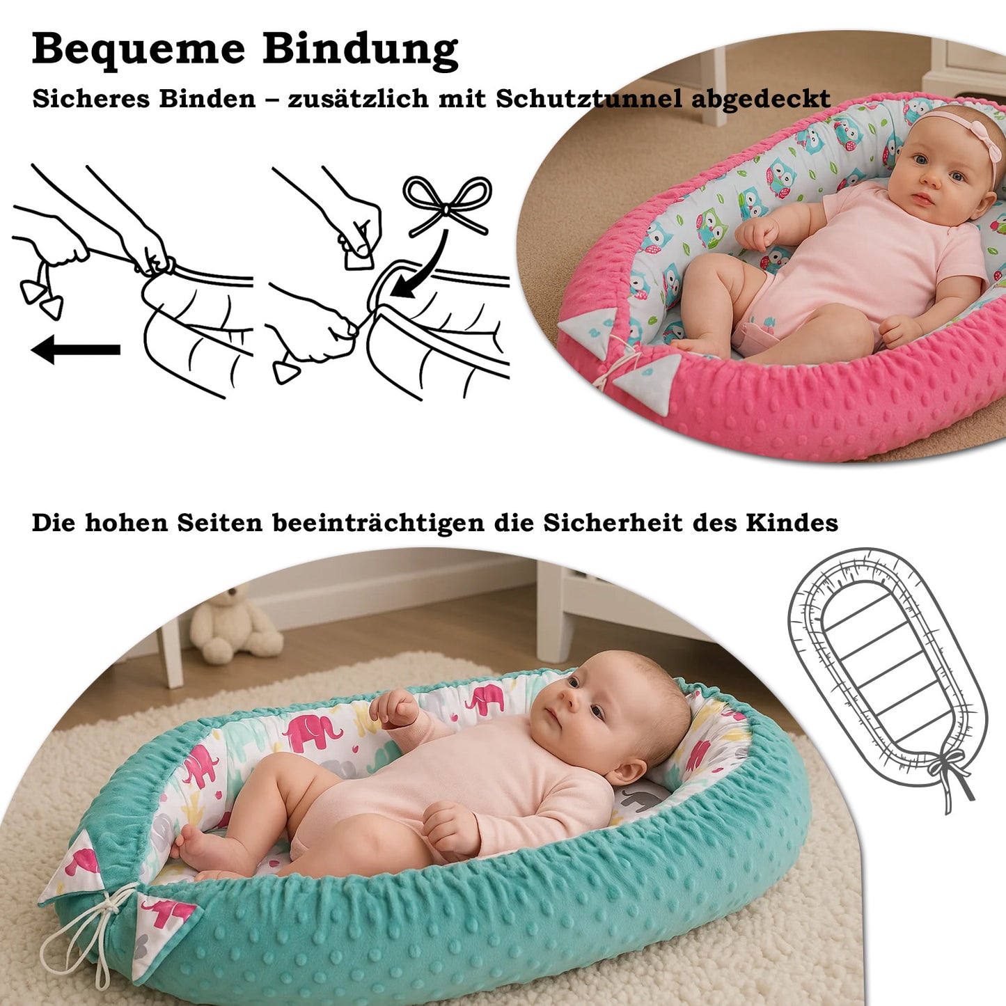 LEANBE Babynest Kokon aus Baumwolle & Minky - Grau Minky / Eulen