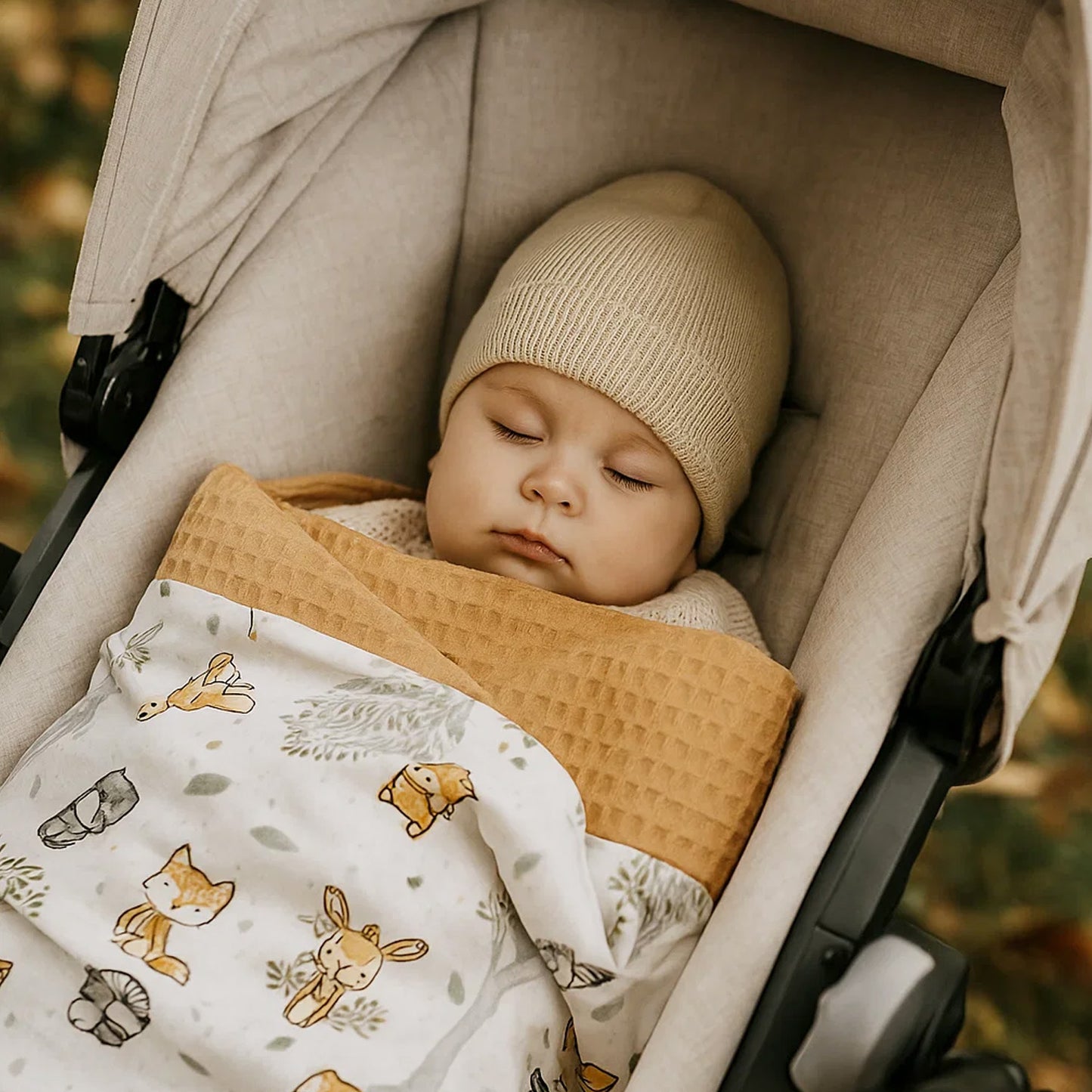 LEANBE Babydecke 50x70cm doppelseitig Baumwolle/Waffelstoff Beige
