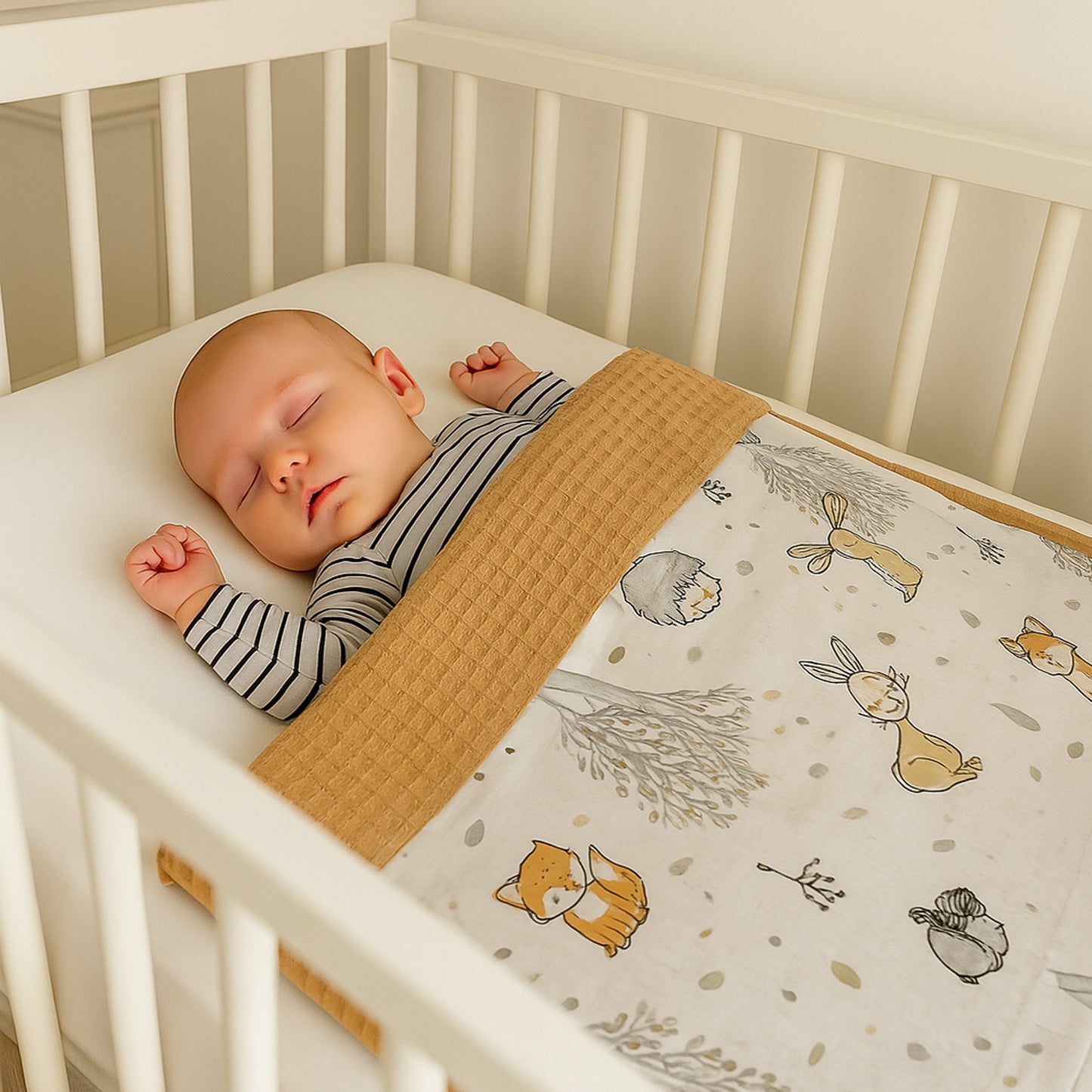 LEANBE Babydecke 50x70cm doppelseitig Baumwolle/Waffelstoff Beige
