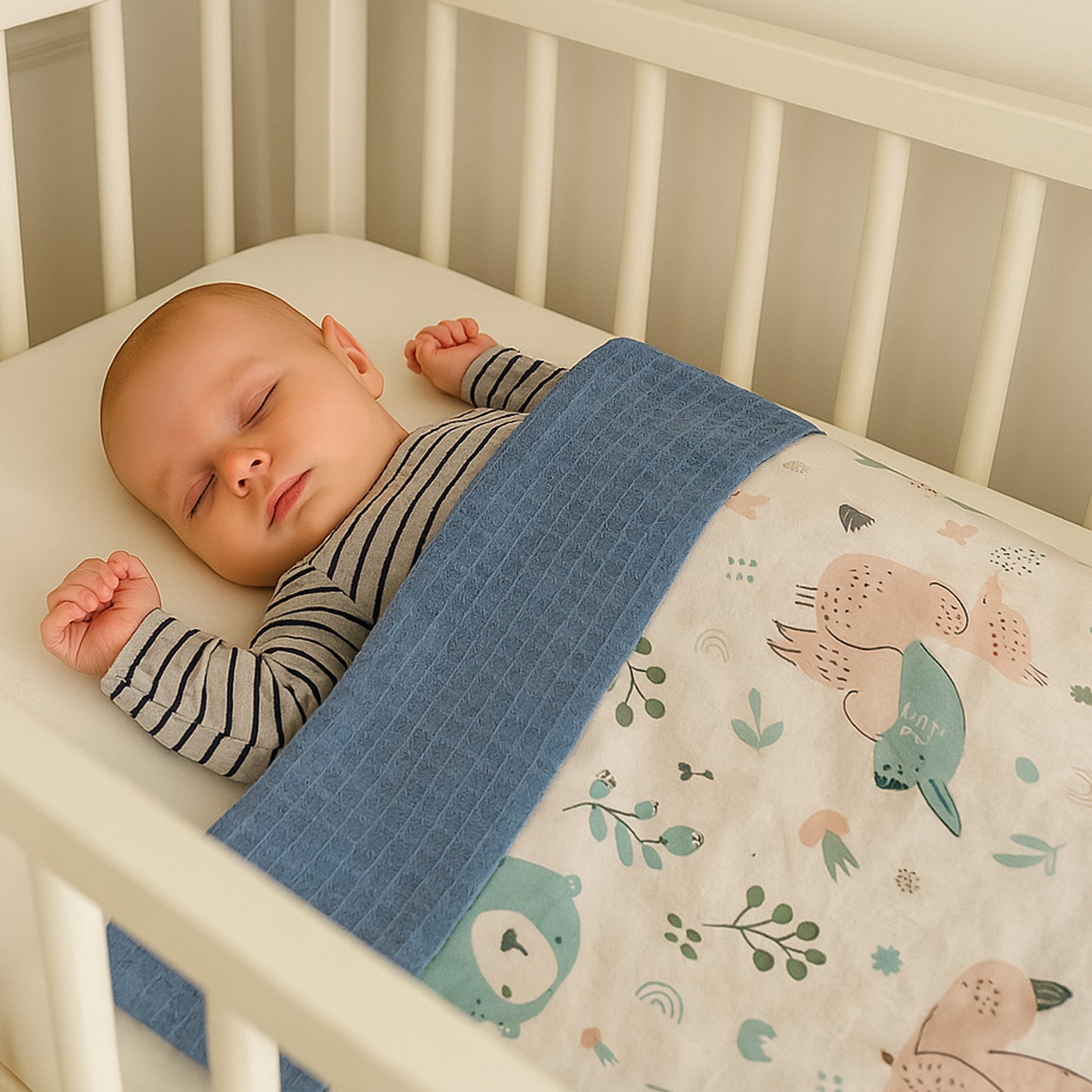 LEANBE Babydecke 50x70cm doppelseitig Baumwolle/Waffelstoff Blau