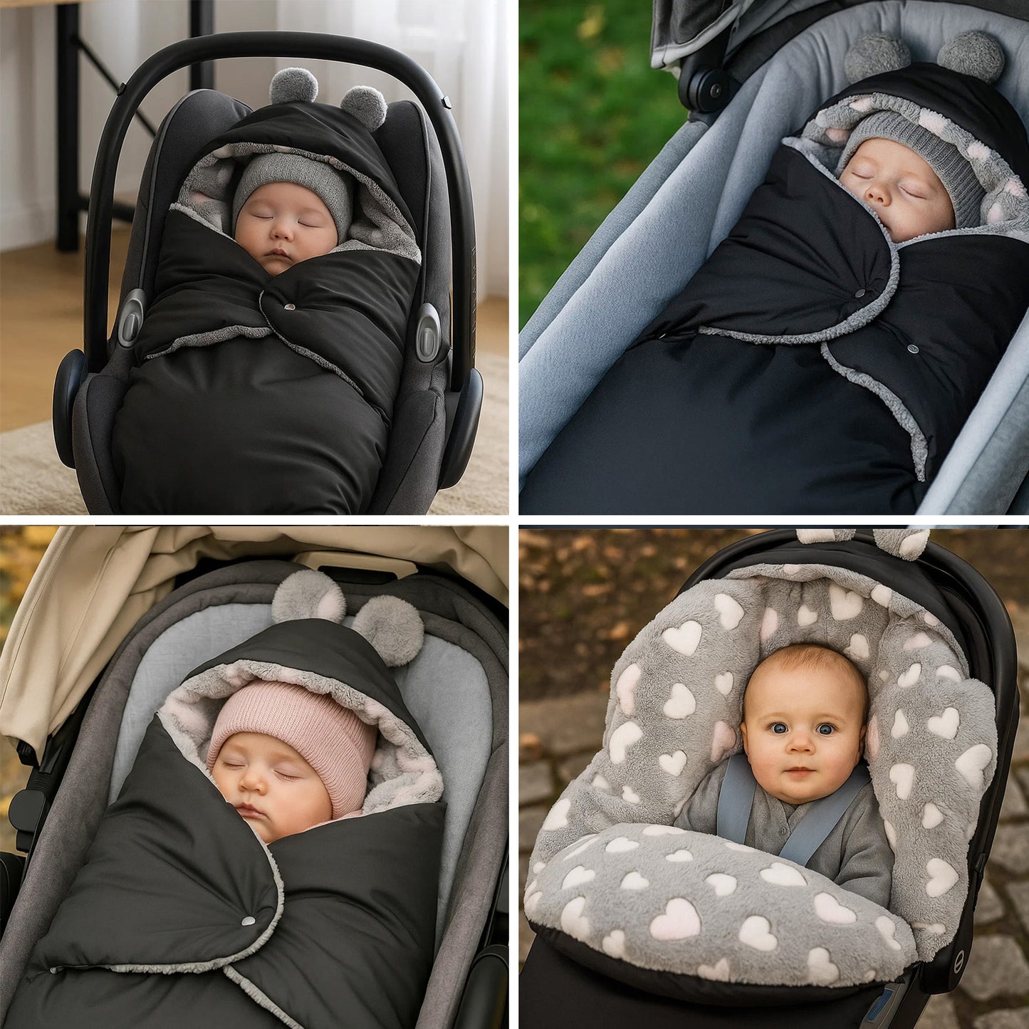 Baby Einschlagdecke für Winter - Schwarz mit rosa Herzen