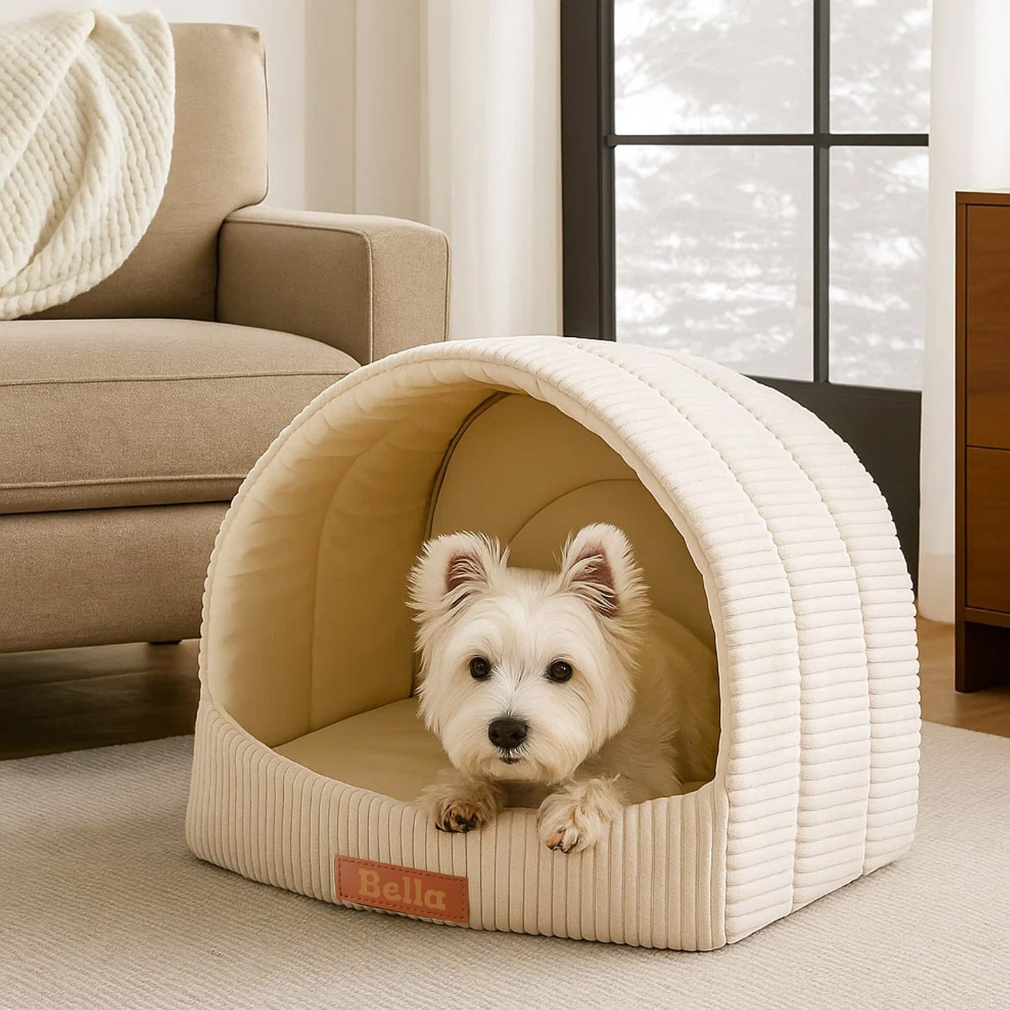 LEANBE Personalisierbare & Stilvolle Cord-Hütte für Hunde und Katzen - Beige