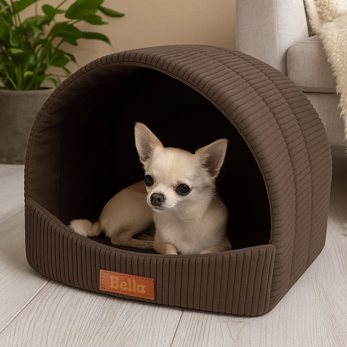 LEANBE Personalisierbare & Stilvolle Cord-Hütte für Hunde und Katzen - Braun