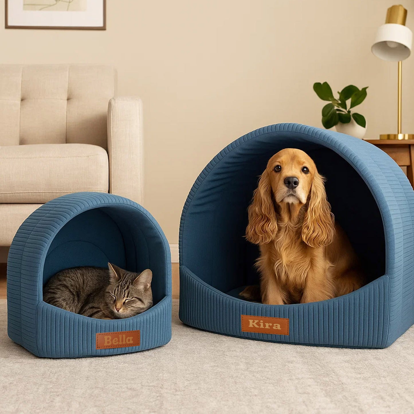 LEANBE Personalisierbare & Stilvolle Cord-Hütte für Hunde und Katzen - Blau