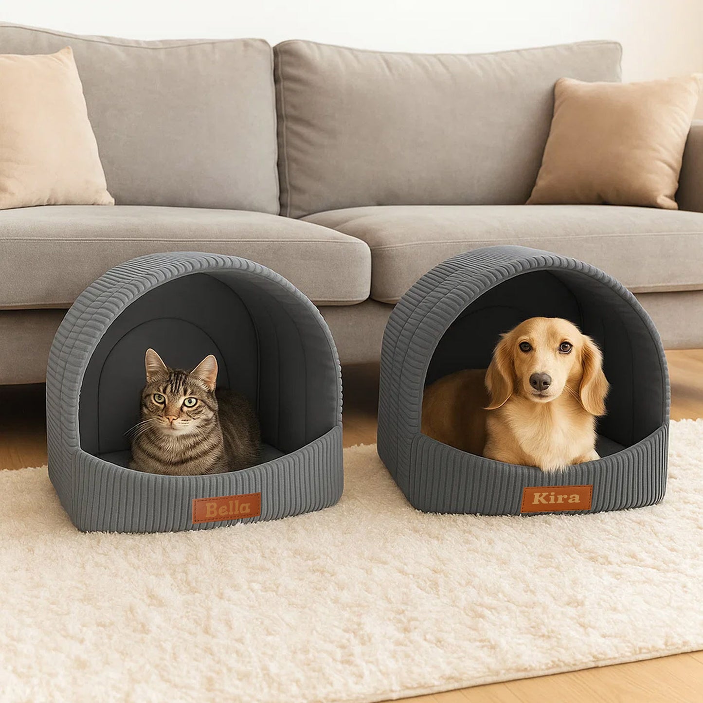 Personalisierbare & Stilvolle Cord-Hütte für Hunde und Katzen - Grau