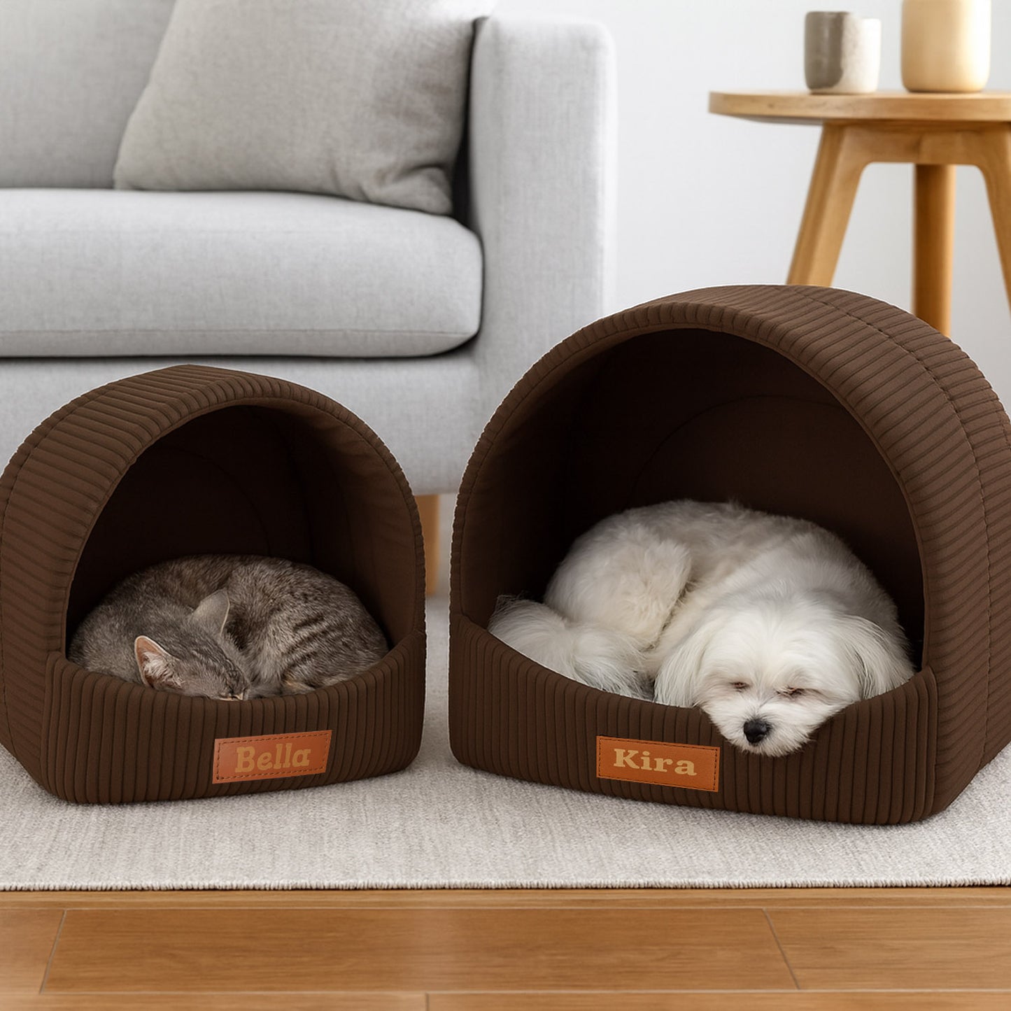 LEANBE Personalisierbare & Stilvolle Cord-Hütte für Hunde und Katzen - Braun