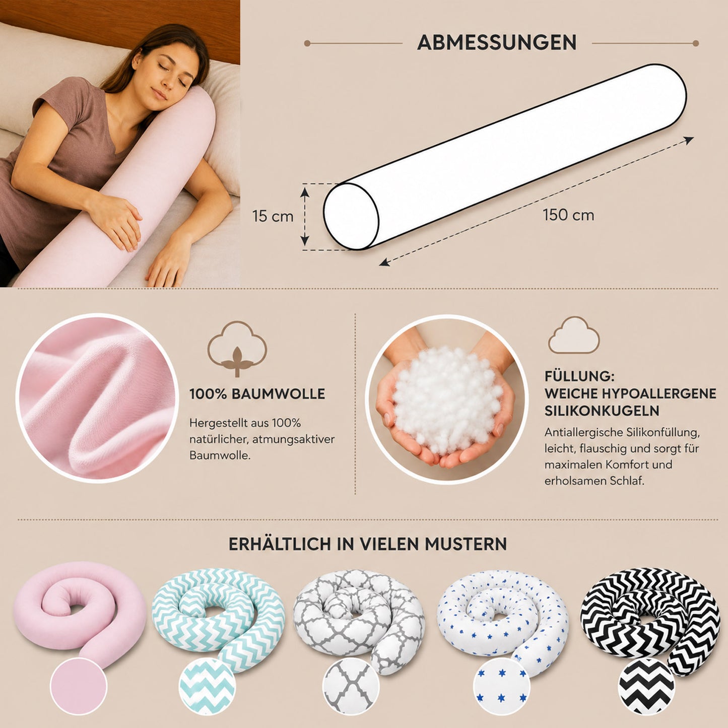 LEANBE Bettschlange Stillkissen – Vielseitiges Seitenschläferkissen 150 cm - Blaue Sterne