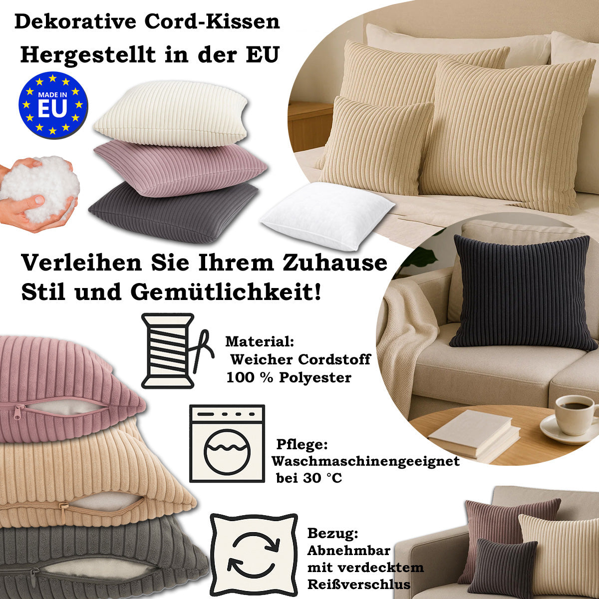 LEANBE Cord Dekokissen – Weiches Kissen mit strukturierter Oberfläche - Beige