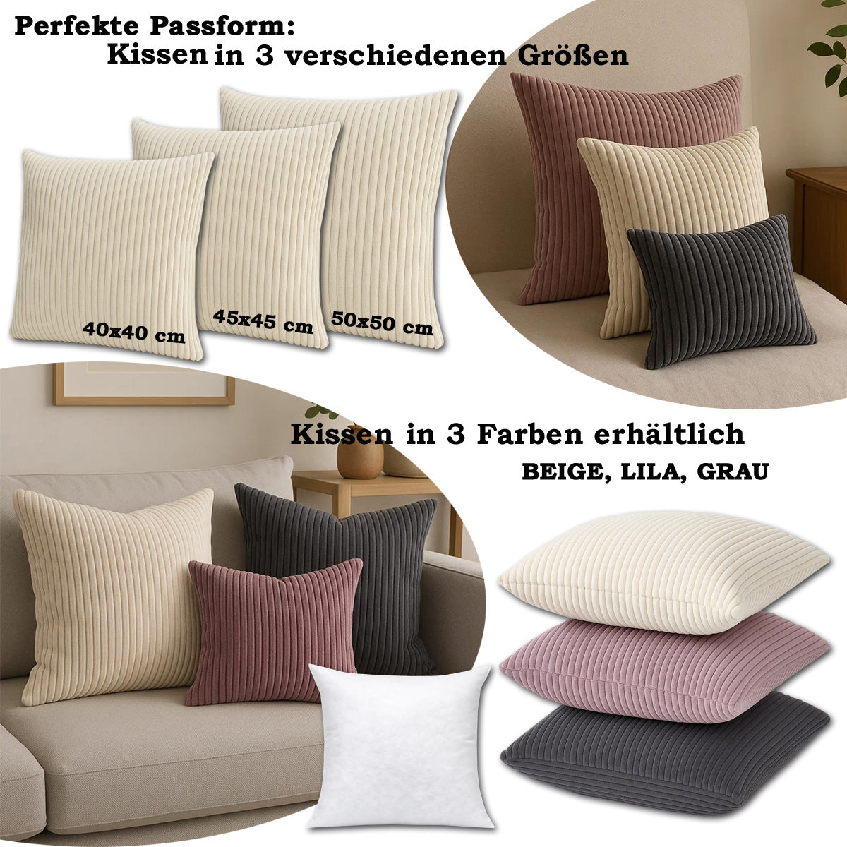 LEANBE Cord Dekokissen – Weiches Kissen mit strukturierter Oberfläche - Beige