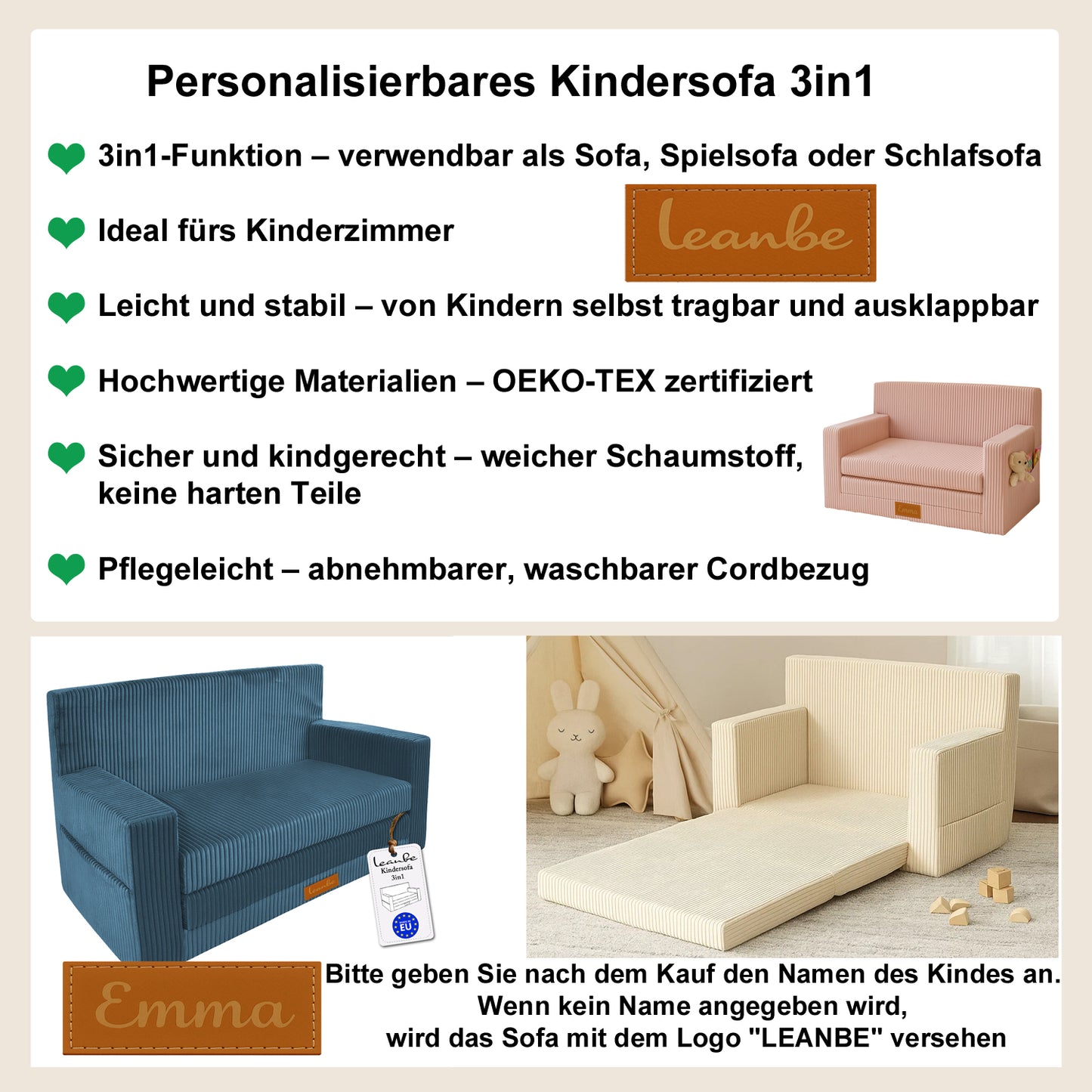 Personalisierbares Kindersofa 3in1 - Blau Cord