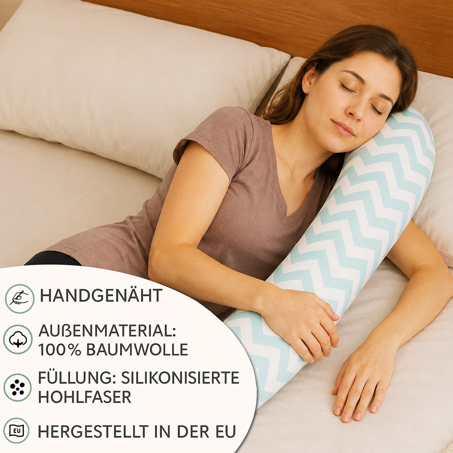 LEANBE Bettschlange Stillkissen – Vielseitiges Seitenschläferkissen 150 cm - Weiss/Türkis Chevron