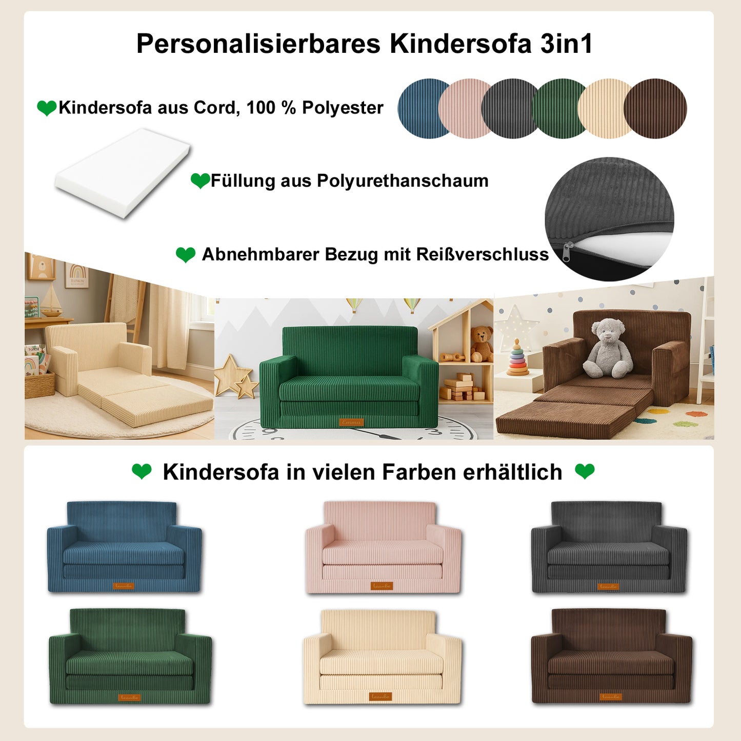 Personalisierbares Kindersofa 3in1 - Blau Cord