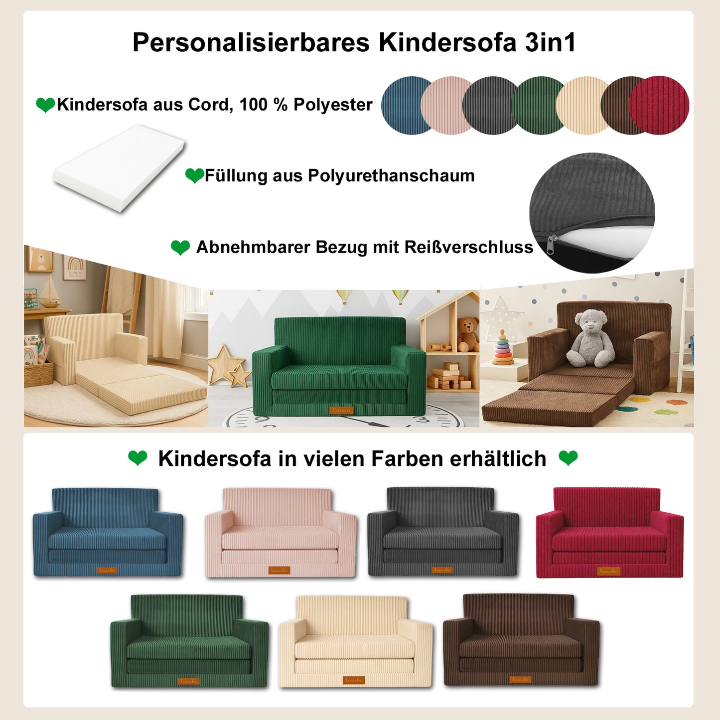 Personalisierbares Kindersofa 3in1 - Rot Cord