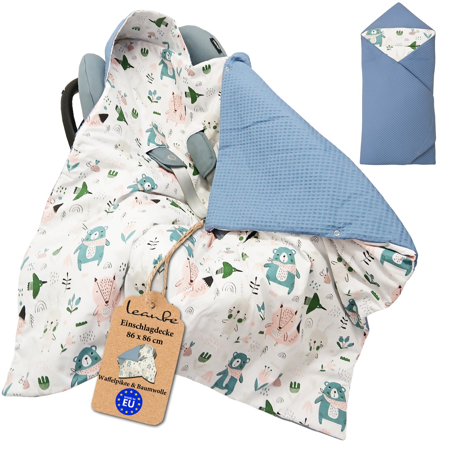 LEANBE Einschlagdecke Babydecke für Babyschale und Kinderwagen 86x86 cm – Baumwolle & Waffelstoff Blau