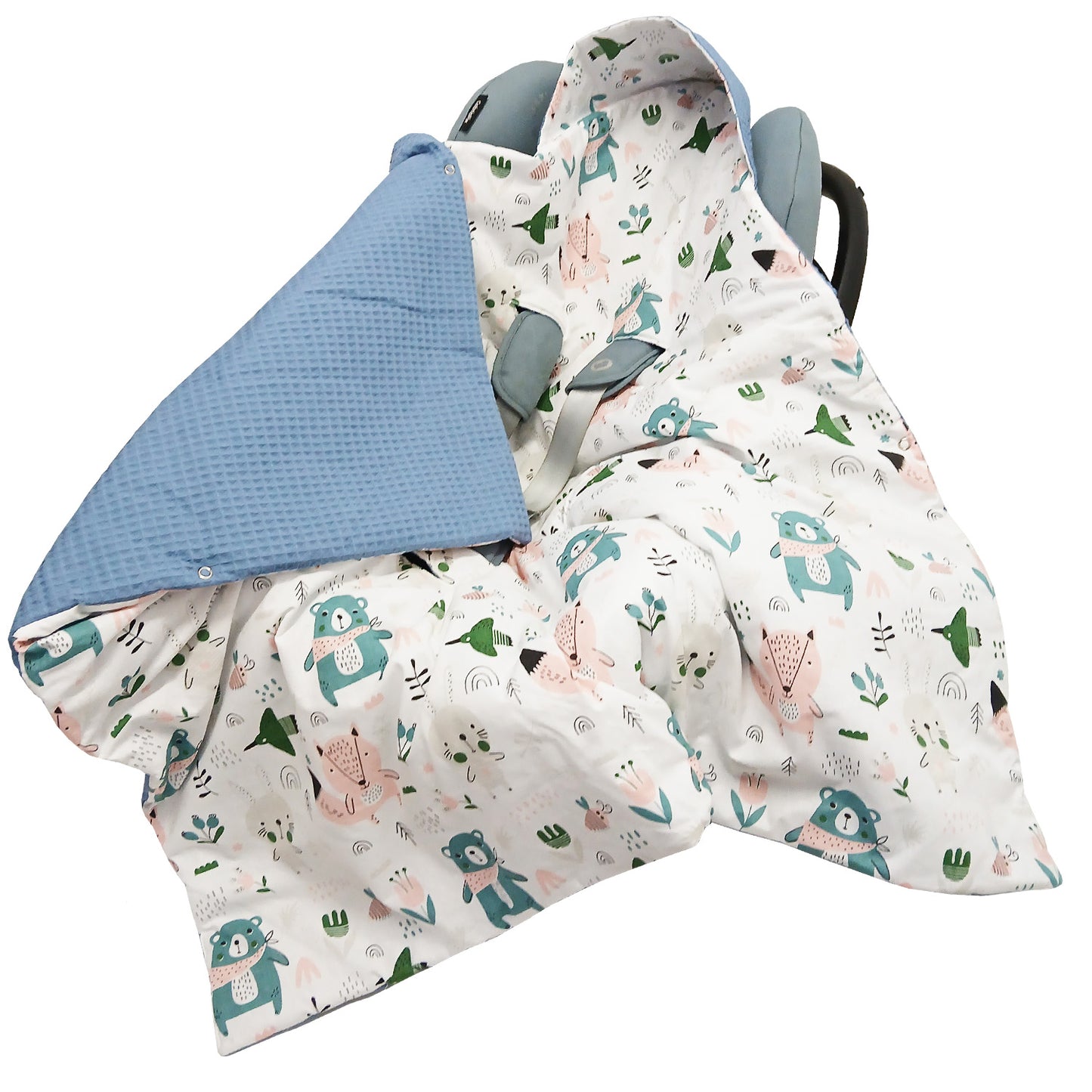 LEANBE Einschlagdecke Babydecke für Babyschale und Kinderwagen 86x86 cm – Baumwolle & Waffelstoff Blau