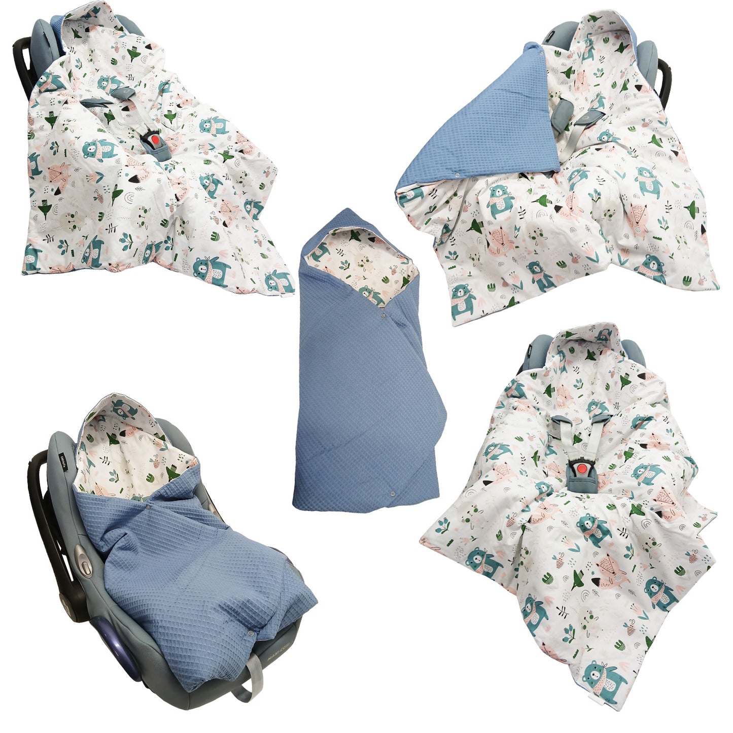 LEANBE Einschlagdecke Babydecke für Babyschale und Kinderwagen 86x86 cm – Baumwolle & Waffelstoff Blau