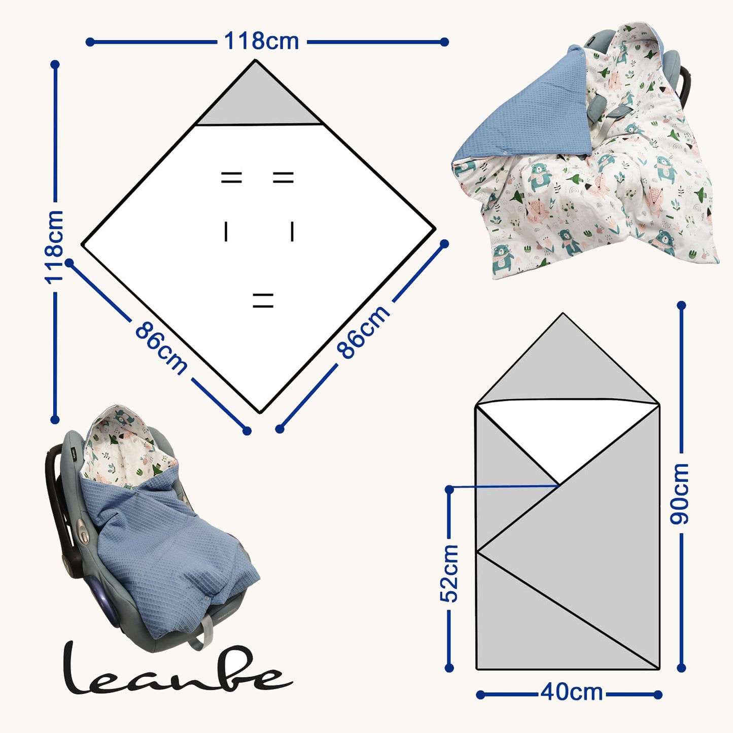LEANBE Einschlagdecke Babydecke für Babyschale und Kinderwagen 86x86 cm – Baumwolle & Waffelstoff Blau
