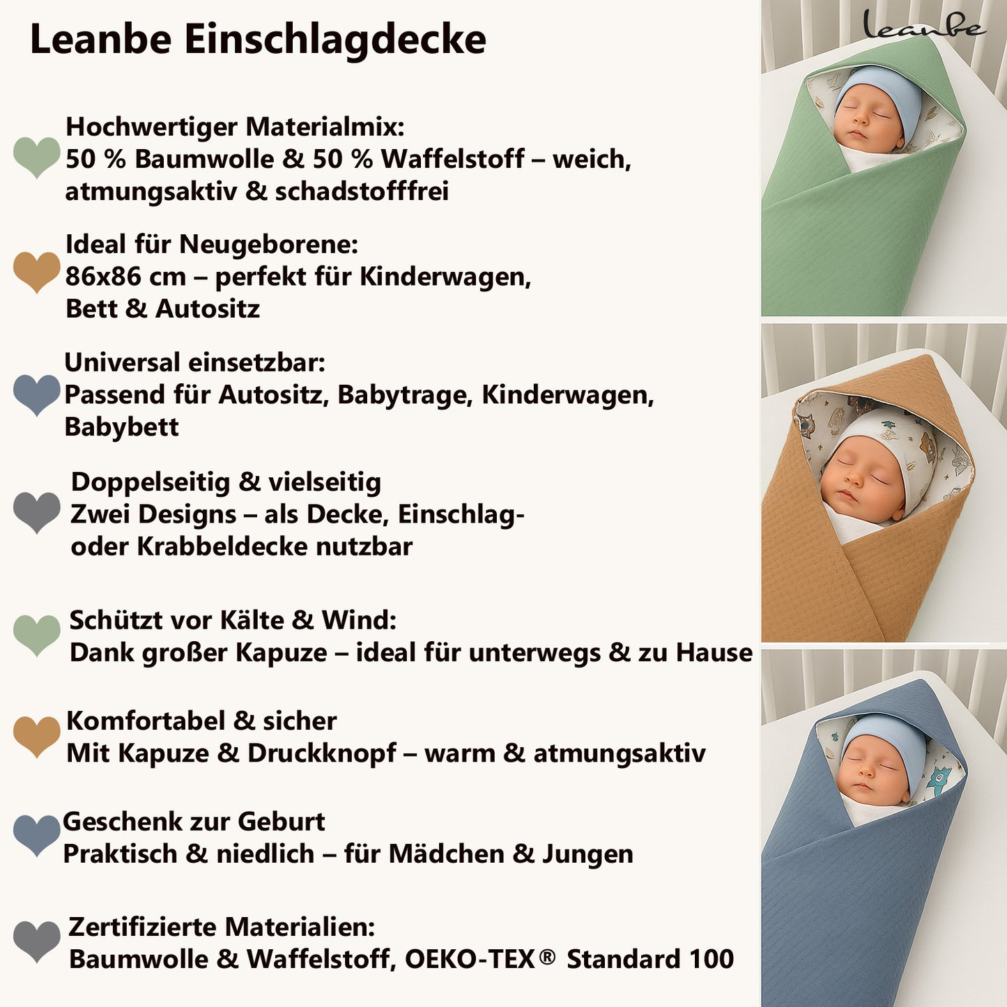 LEANBE Einschlagdecke Babydecke für Babyschale und Kinderwagen 86x86 cm – Baumwolle & Waffelstoff Blau