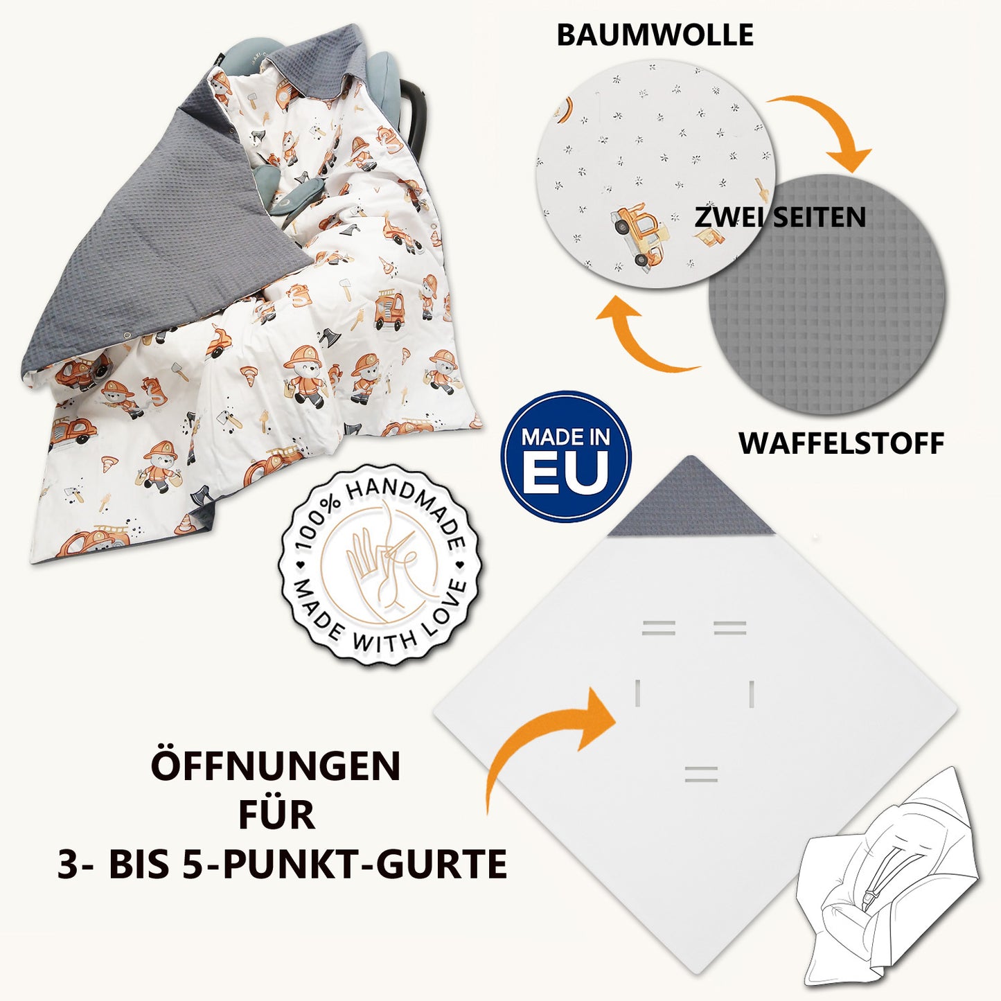 LEANBE Einschlagdecke Babydecke für Babyschale und Kinderwagen 86x86 cm – Baumwolle & Waffelstoff Beige