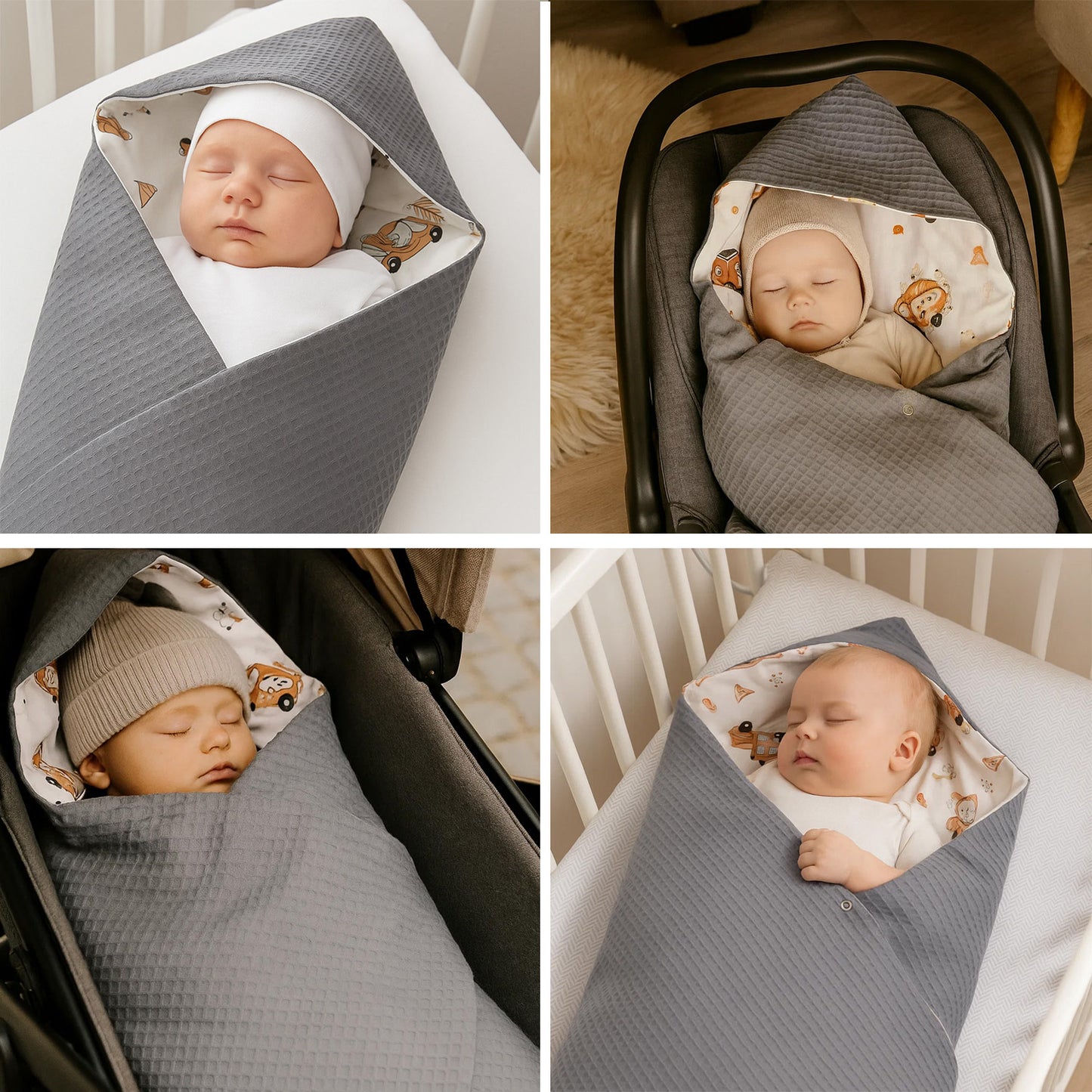 Einschlagdecke Babydecke 86x86 cm – Baumwolle & Waffelstoff Grau