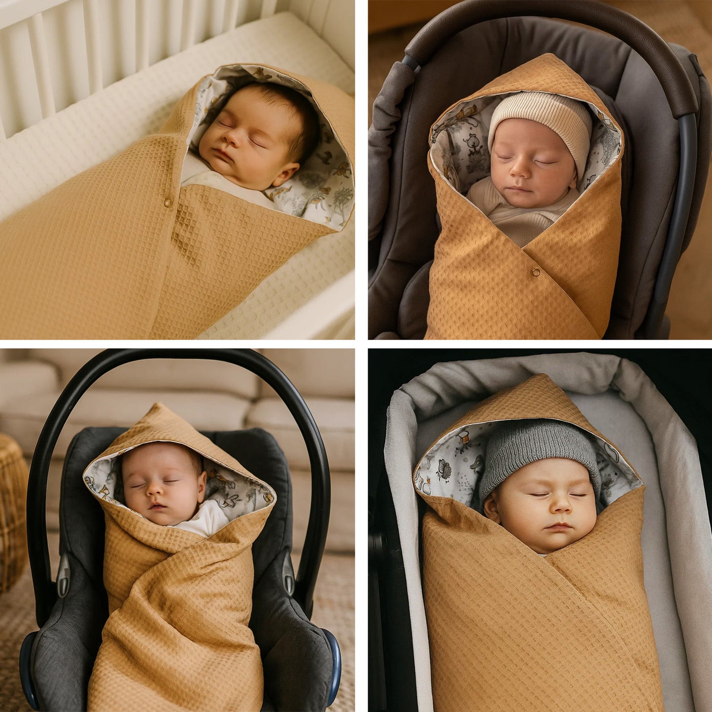 LEANBE Einschlagdecke Babydecke für Babyschale und Kinderwagen 86x86 cm – Baumwolle & Waffelstoff Beige