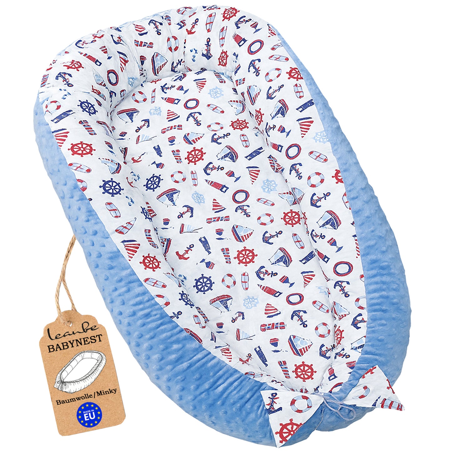 LEANBE Babynest Kokon aus Baumwolle & Minky - Blau Minky / Segelboote