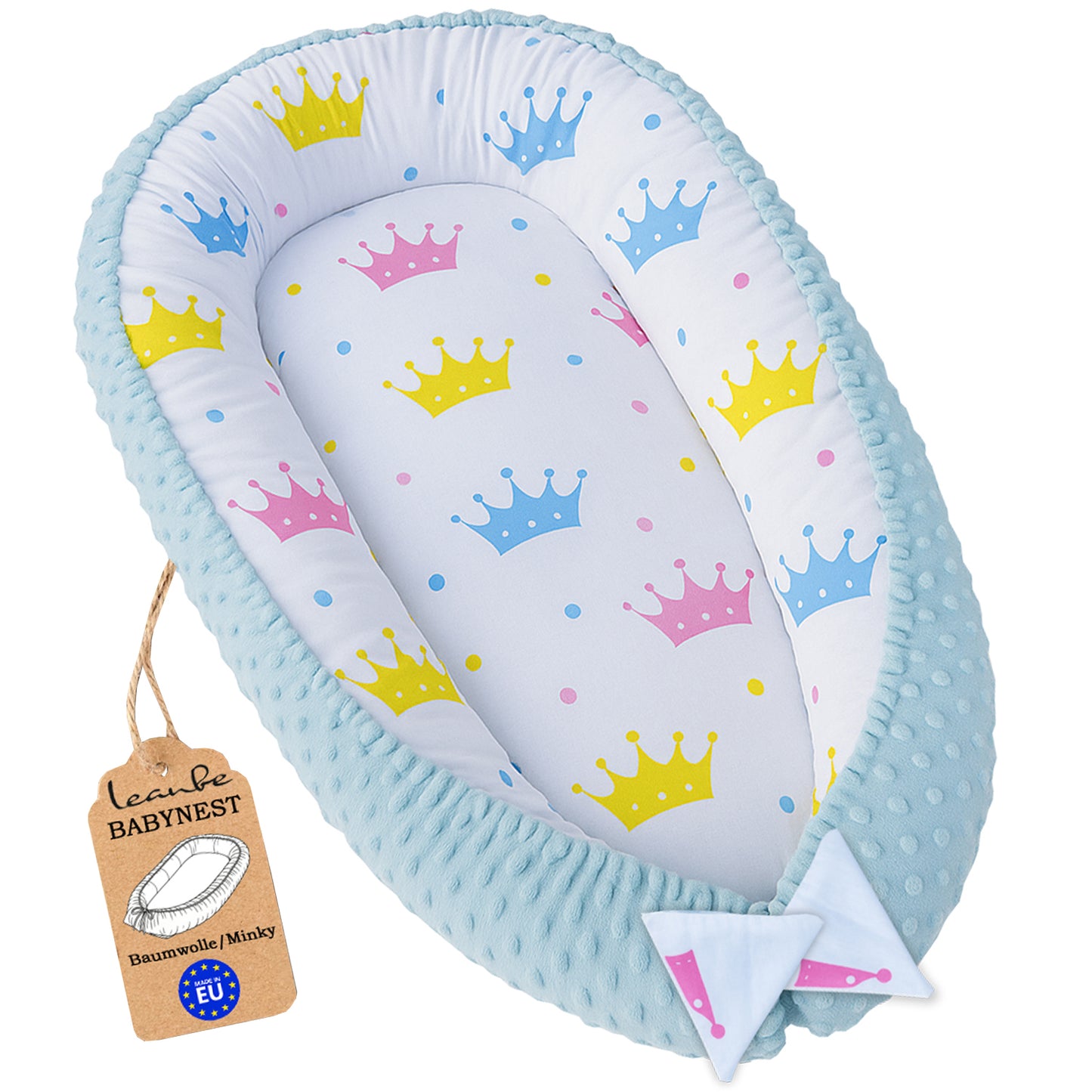 LEANBE Babynest Kokon aus Baumwolle & Minky - Blau Minky / Bunte Kronen