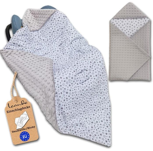 LEANBE Einschlagdecke Babydecke für Babyschale und Kinderwagen 86x86 cm – Baumwolle & Minky Grau / Sterne