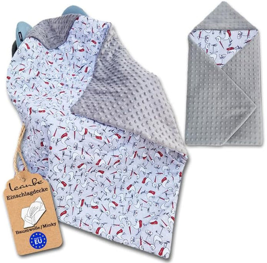 LEANBE Einschlagdecke Babydecke für Babyschale und Kinderwagen 86x86 cm – Baumwolle & Minky Grau / Störche