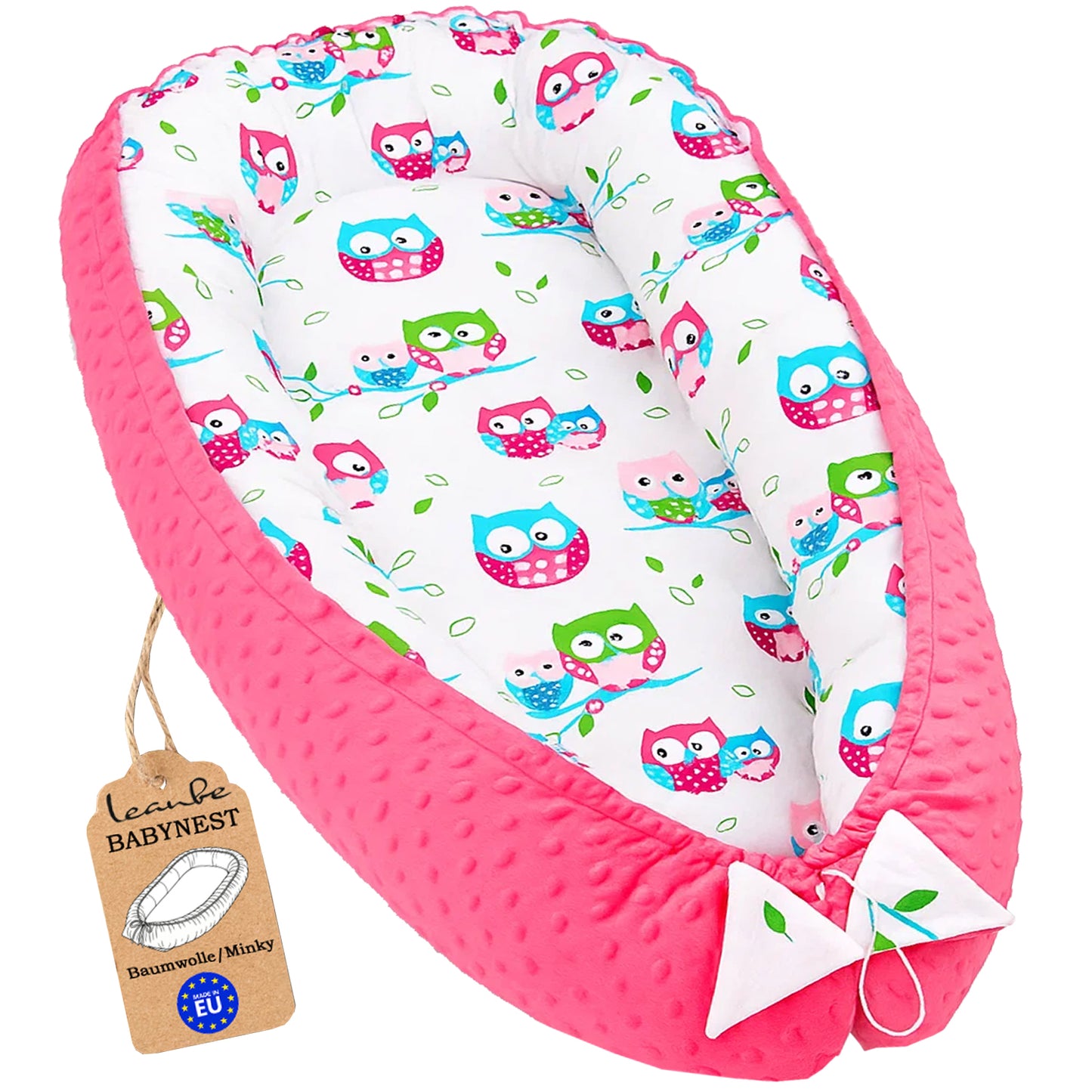 LEANBE Babynest Kokon aus Baumwolle & Minky - Rosa Minky / Bunte Eulen