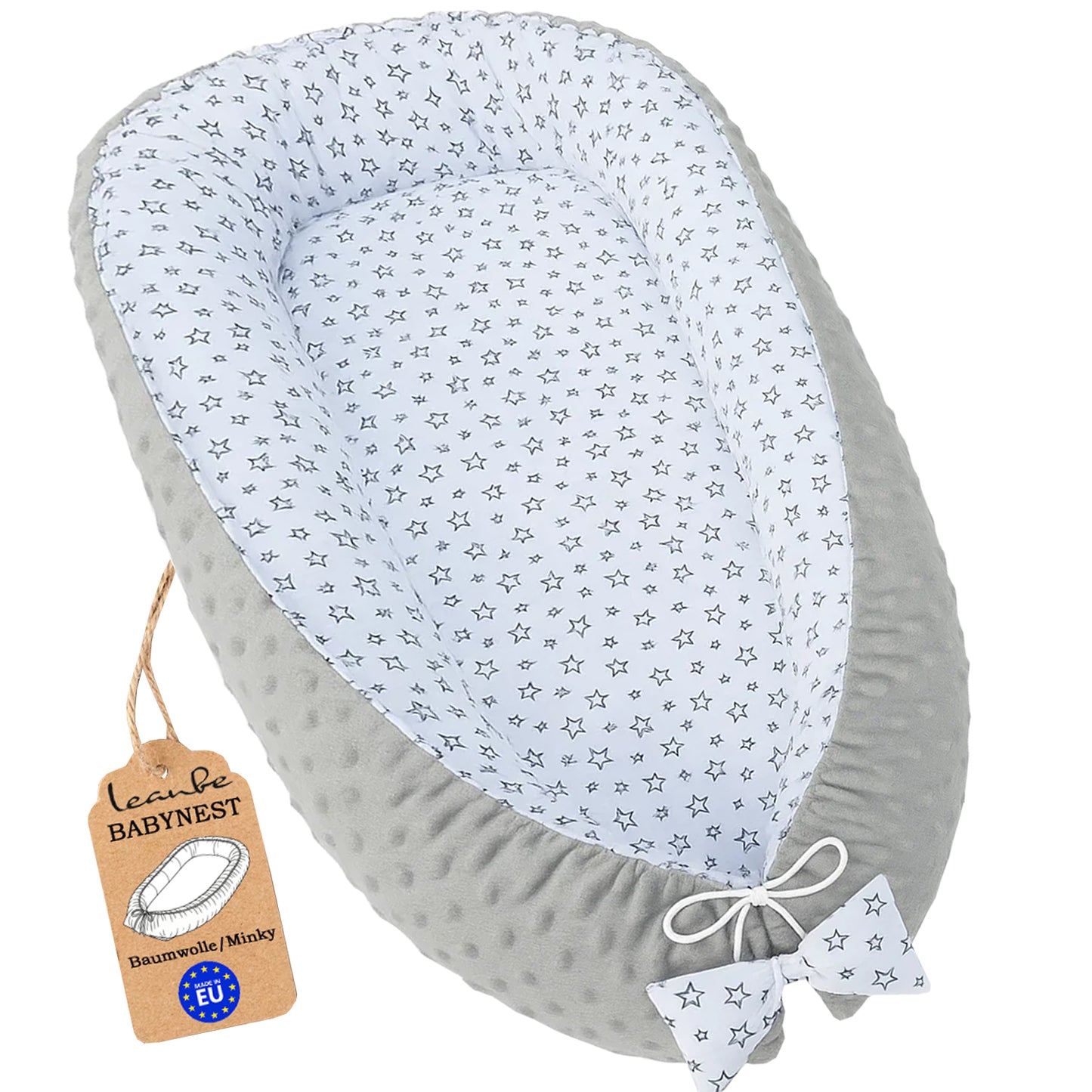 LEANBE Babynest Kokon aus Baumwolle & Minky - Grau Minky / Sterne