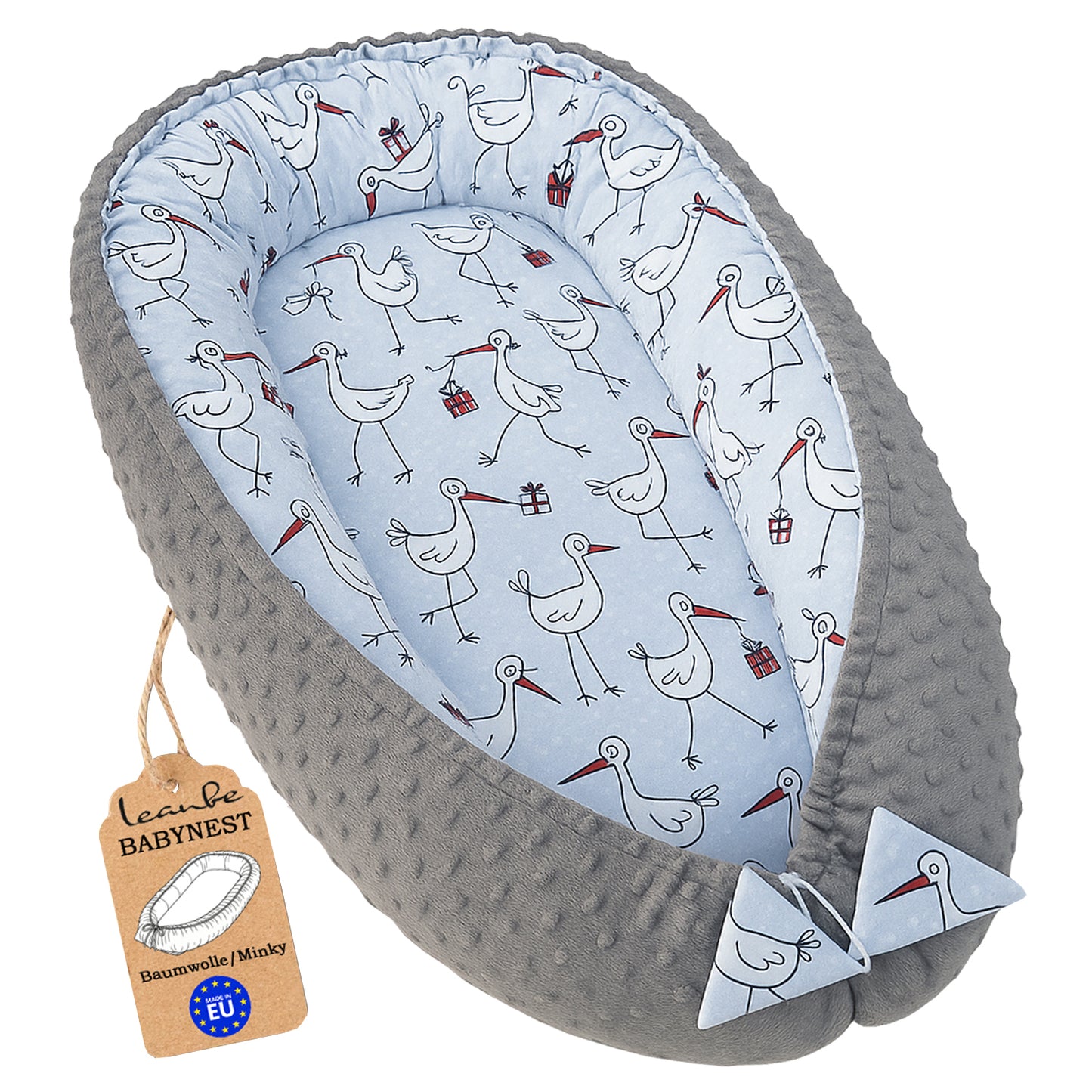 LEANBE Babynest Kokon aus Baumwolle & Minky - Grau Minky / Störche