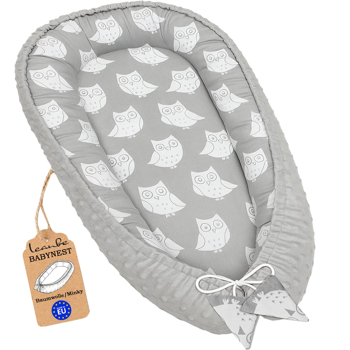 LEANBE Babynest Kokon aus Baumwolle & Minky - Grau Minky / Eulen