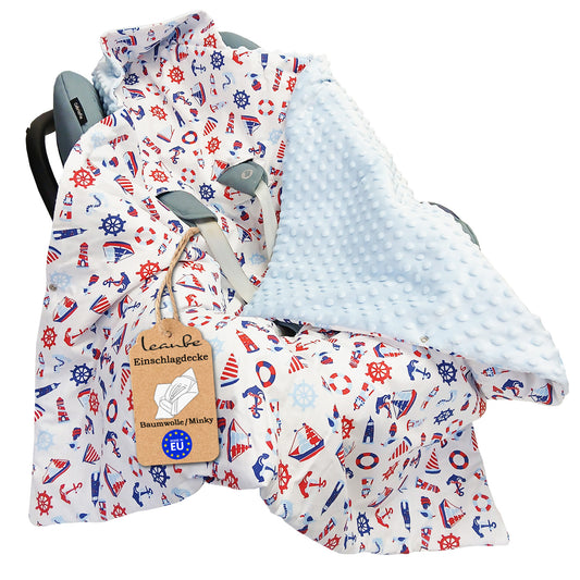 LEANBE Einschlagdecke Babydecke für Babyschale und Kinderwagen 86x86 cm – Baumwolle & Minky Blau /Segelboote