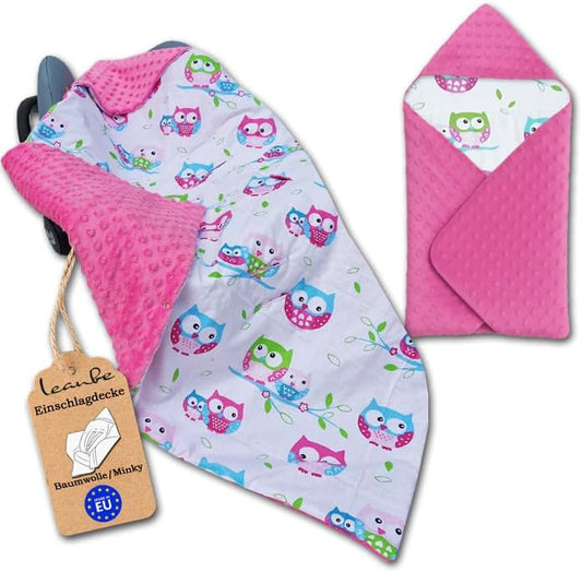 LEANBE Einschlagdecke Babydecke für Babyschale und Kinderwagen 86x86 cm – Baumwolle & Minky Rosa /Eulen