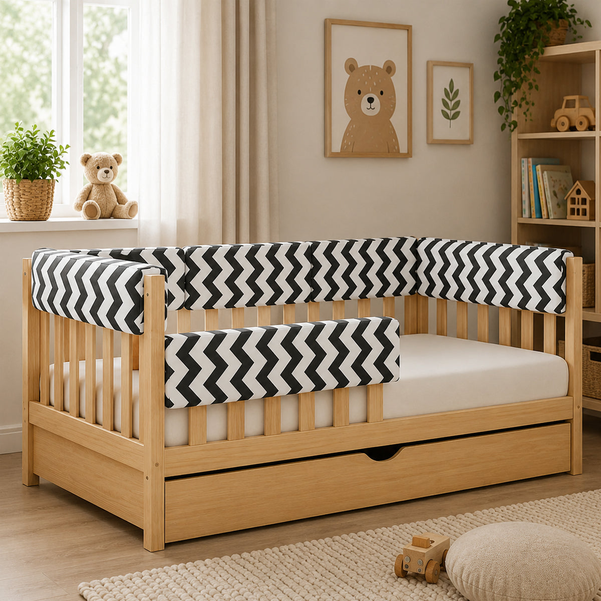 LEANBE Bettkantenschutz 70 cm für Betten -  Kissen für bettumrandung – Schwarz Chevron Baumwolle