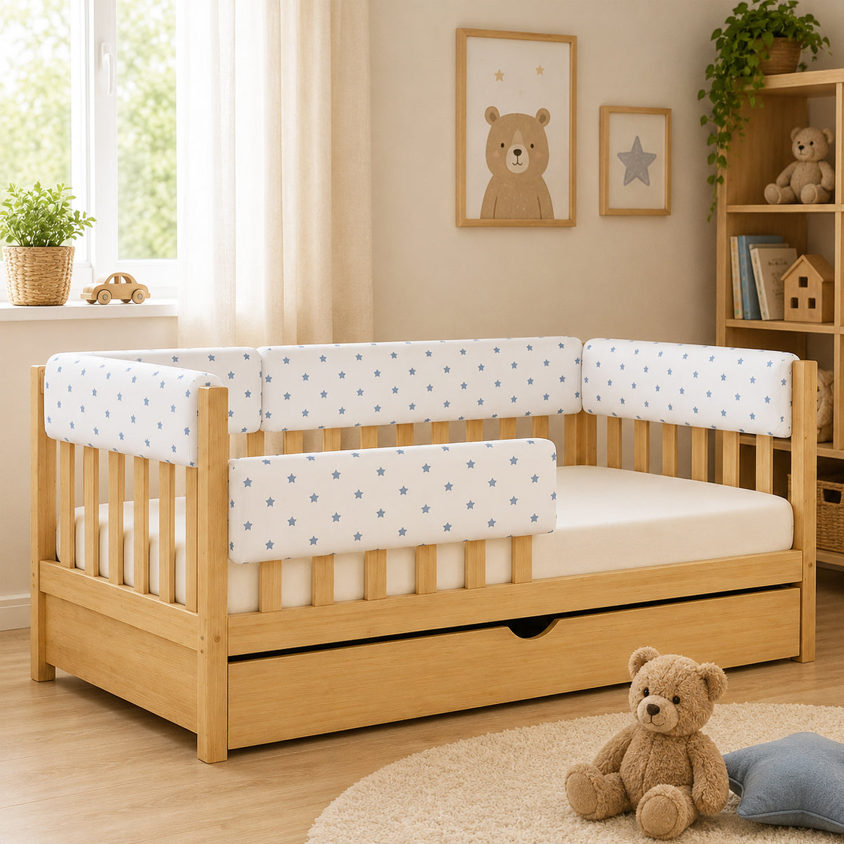LEANBE Bettkantenschutz 70 cm für Betten -  Kissen für bettumrandung – Blaue Sterne Baumwolle