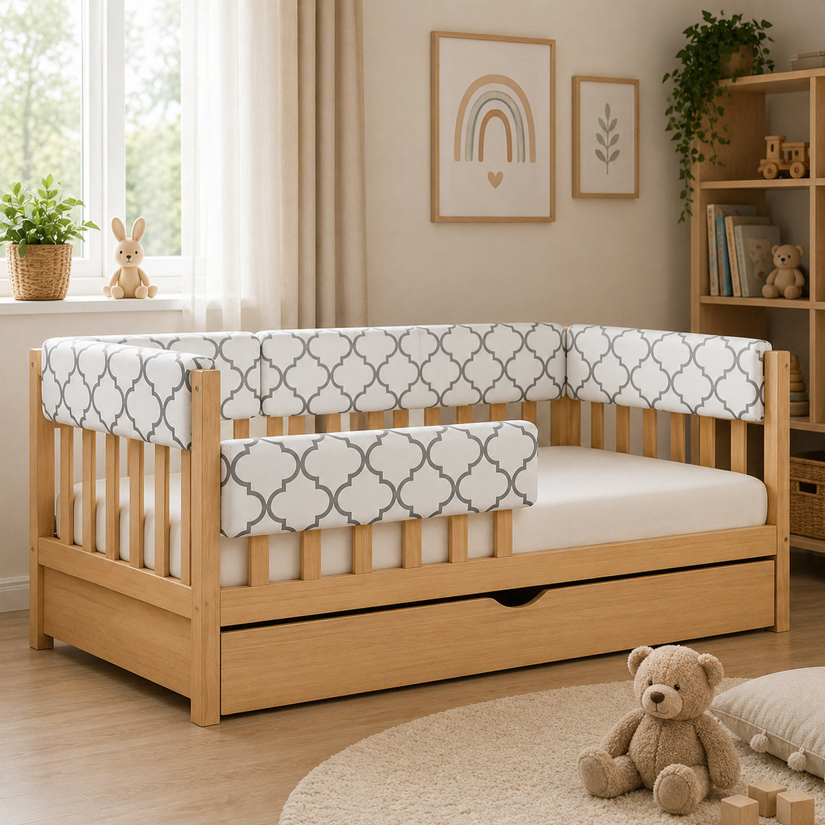 LEANBE Bettkantenschutz 70 cm für Betten -  Kissen für bettumrandung – Graues Ornament Baumwolle