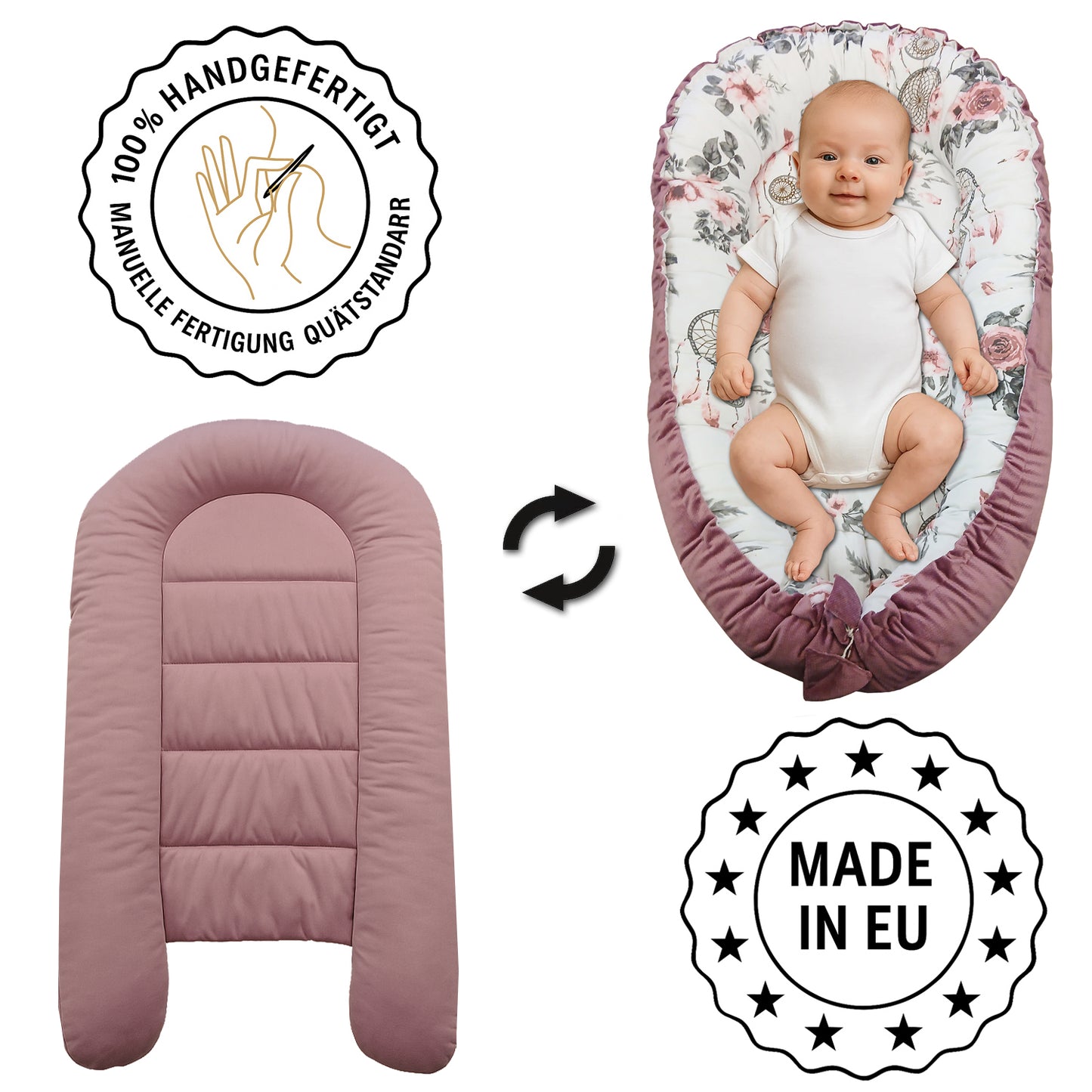 Babynest Kokon aus Baumwolle & Velours - Rosa