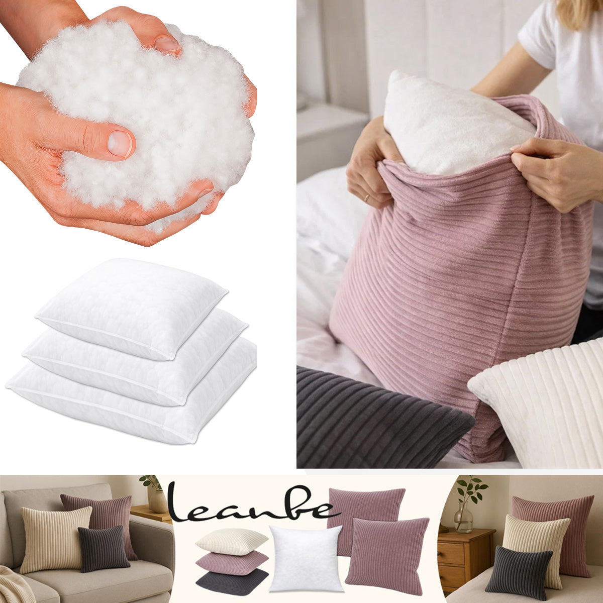 LEANBE Cord Dekokissen – Weiches Kissen mit strukturierter Oberfläche - Beige