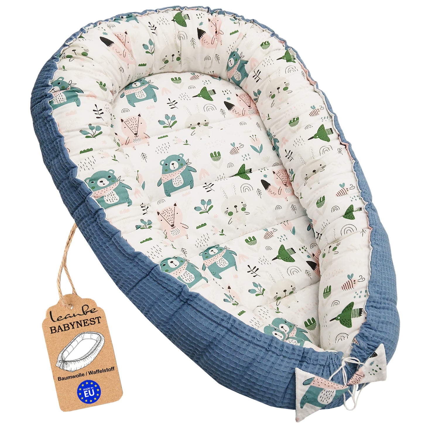 LEANBE Babynest Kokon aus Baumwolle & Waffelstoff - Blau